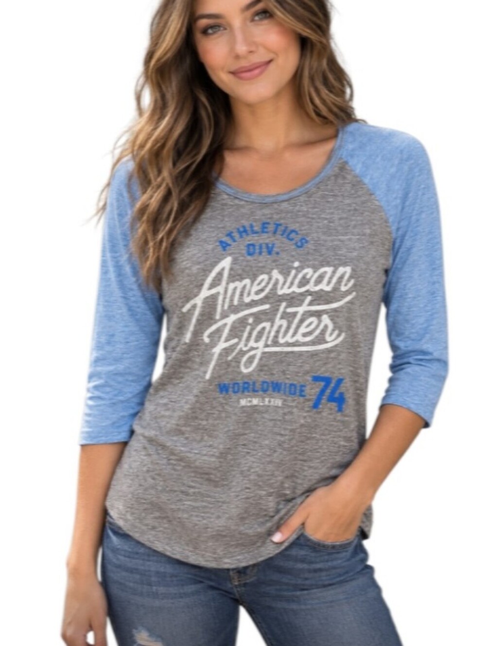 American Fighter Gray & Light Blue Raglan Graphic Tee-NWT